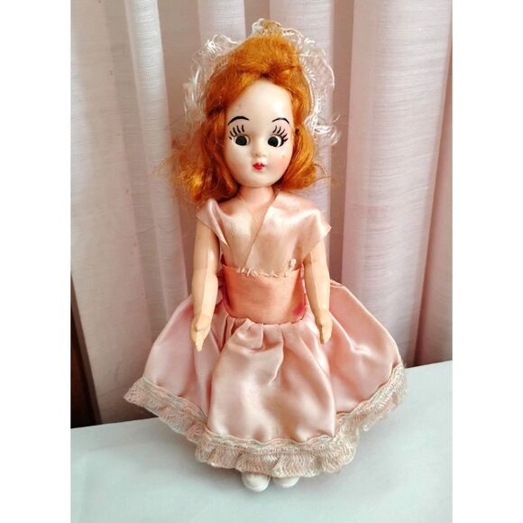 Vintage 1950s 6 Inch Hard Plastic Doll with Sleep Eyes, Pink Dress - Picture 1 of 4